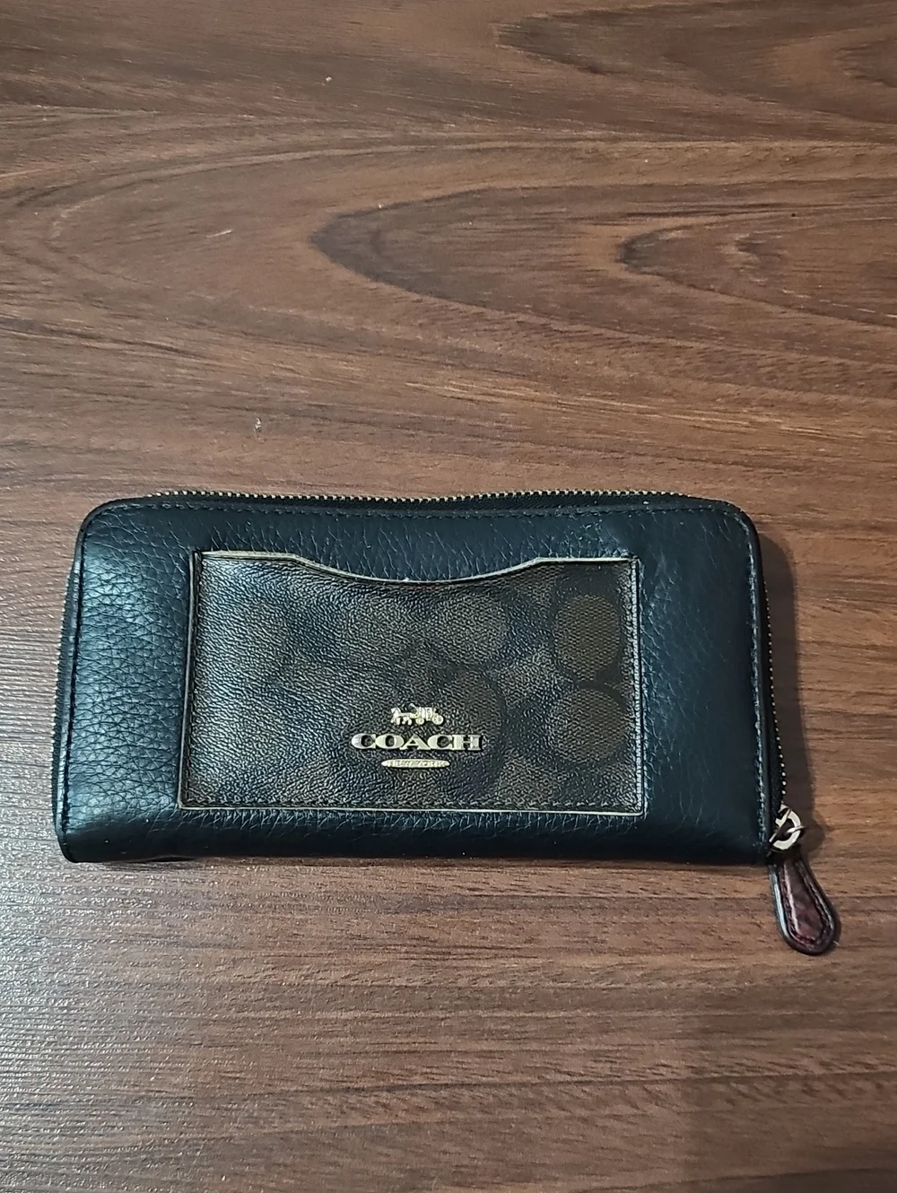 Coach Black and Brown Signature Zip Wallet